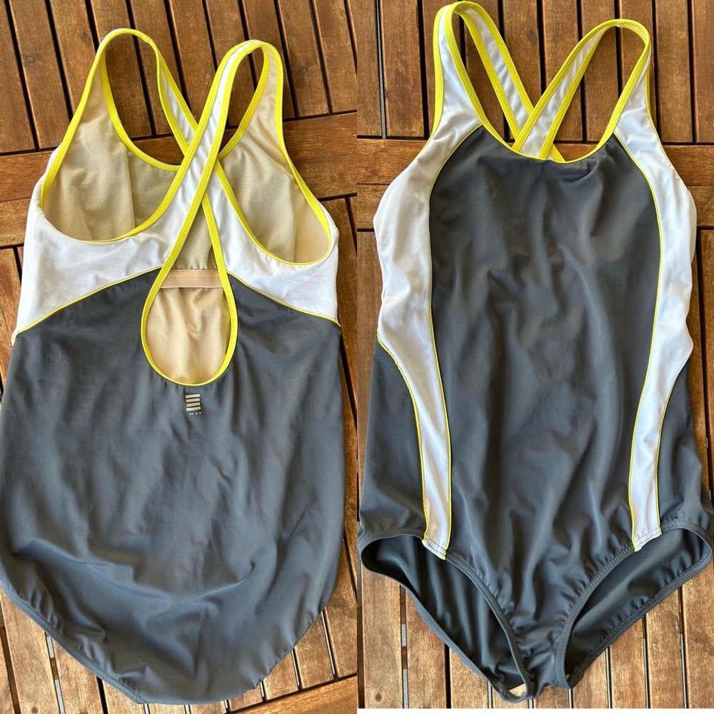Vintage 90s Y2K Land's End 14L AquaFitness X-Back Gray/Yellow One-Piece Swimsuit